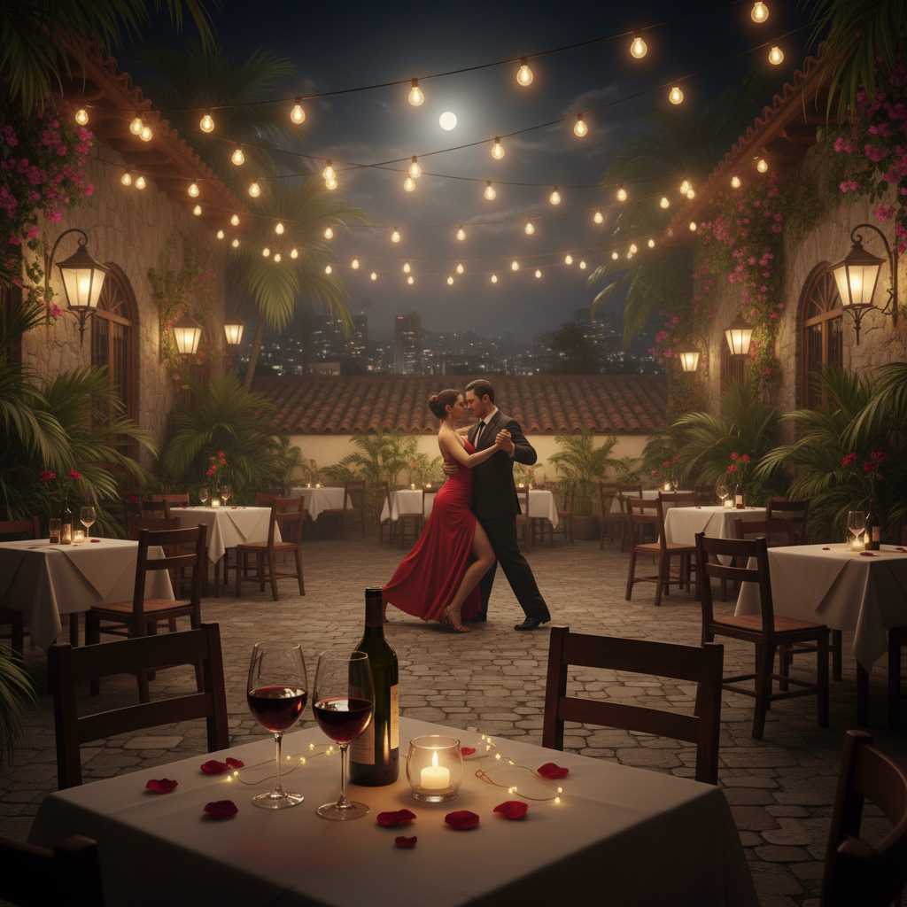 Parejas bailando en un patio tanguero nocturno