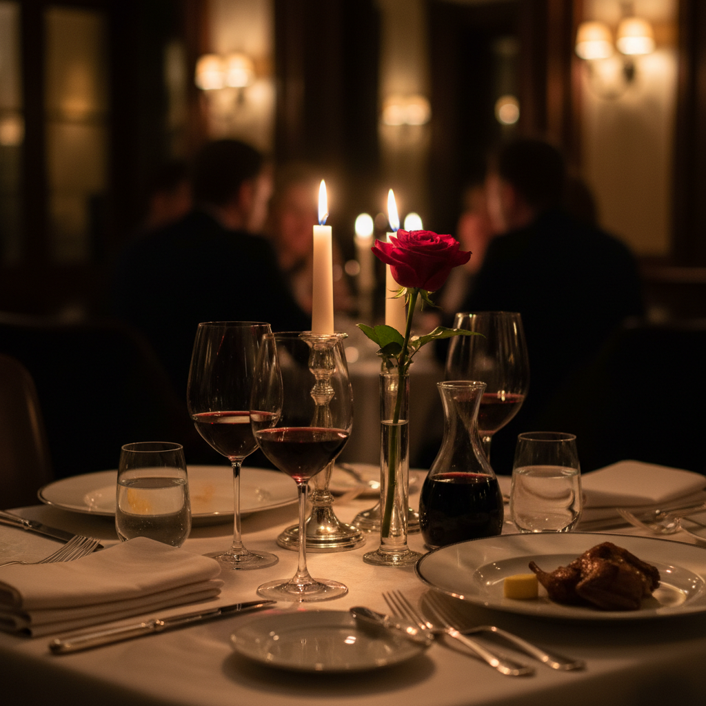 Cena romántica con vino y flores