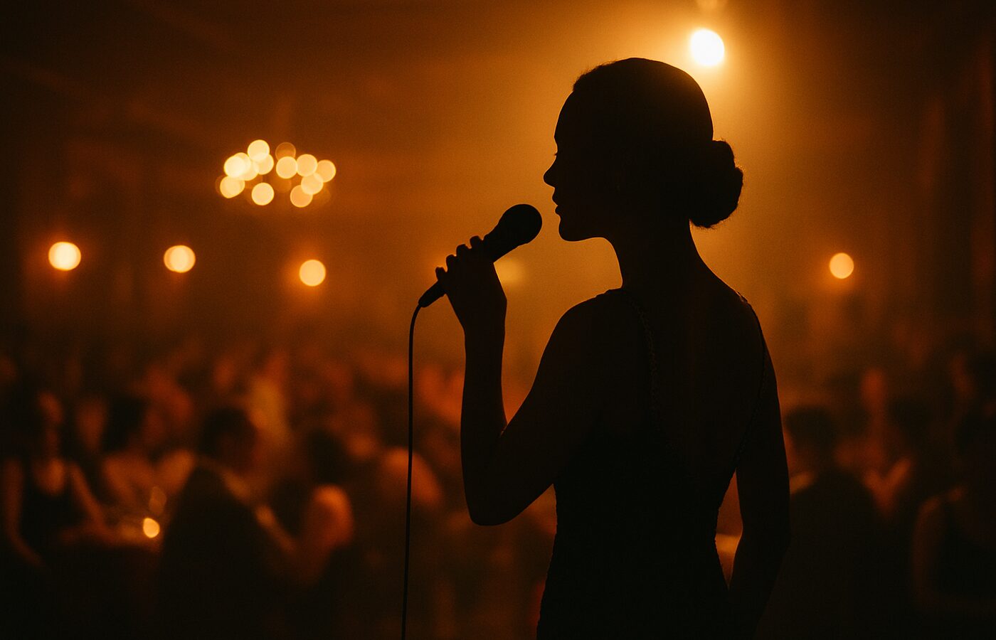 Cantante de tango: luz cálida y escenario